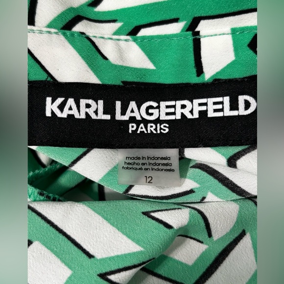 Karl Lagerfeld Paris Green White V-Neck Print Belted Shirt Dress Size 12 - Picture 10 of 12